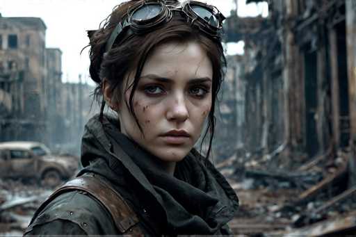 The image shows an actress dressed in a green jacket and goggles with a serious expression on her face. The background is filled with rubble and debris from a war-torn city, suggesting the setting of a movie or film set.