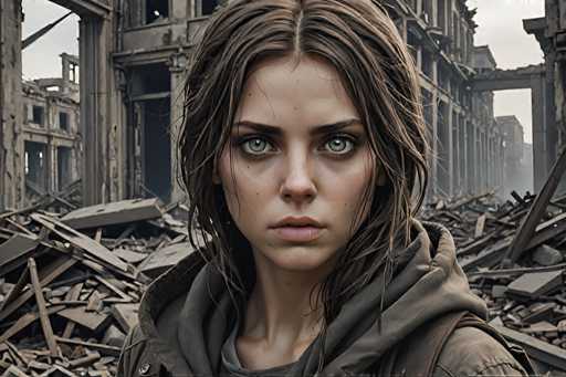 The image shows a young woman with long brown hair and green eyes standing in front of a pile of rubble. She is wearing a hoodie over her head and has a backpack on her shoulders. The background features an abandoned cityscape with broken buildings and debris scattered around the area, suggesting a scene of destruction or decay.