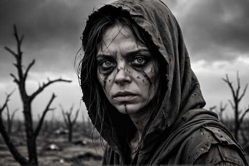 A woman with bloodied eyes and a hooded sweatshirt stands alone in the wilderness, her face obscured by makeup that gives her an eerie appearance. The background is filled with trees and bushes, creating a sense of isolation and vulnerability.