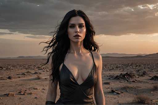 A woman with long dark hair is standing in a desert landscape at sunset. She is wearing a black dress and her gaze is directed straight at the camera. The sky above them is painted in hues of orange and yellow, indicating that it's either early morning or late afternoon.
