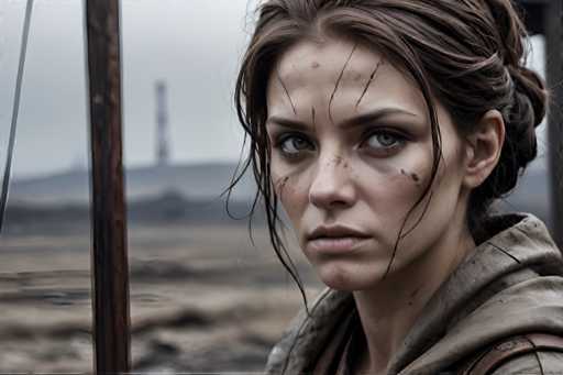 The image shows a close-up portrait of an actress with dark hair and makeup. She is wearing a brown jacket that appears to be dirty or stained. The background features a blurred landscape, suggesting the setting could be a desert or other outdoor environment.