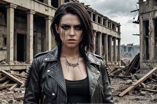 A woman with long dark hair is standing in front of a dilapidated building that appears to be a war zone or abandoned industrial site. She is wearing a black leather jacket and has makeup smeared on her face, giving the impression of a character from a movie or TV show. The background features rubble and debris scattered around, indicating the destruction and chaos of the location.