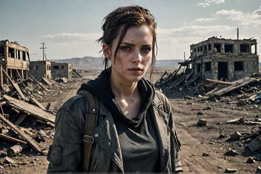 A woman stands alone in an abandoned desert landscape, wearing a black leather jacket and carrying a brown backpack over her shoulders. The buildings around her are in ruins, with rubble scattered across the ground.