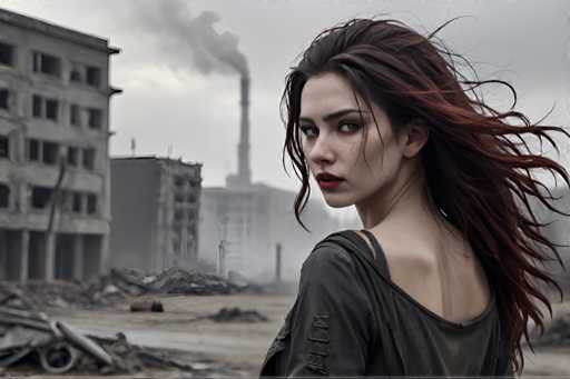 A woman with long red hair is standing in front of a dilapidated building that appears to be a factory or industrial complex. The sky above her is filled with smoke and the ground below is covered in rubble.