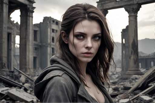 The image shows a woman with long brown hair standing in front of ruins and columns. She is wearing a black jacket over a white shirt. The ruins behind her appear to be in disrepair, suggesting the passage of time or perhaps an event that has led to their current state.