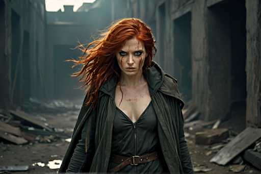 A woman with red hair and a green coat stands in an abandoned building, her face twisted in anger as she gazes directly at the camera.