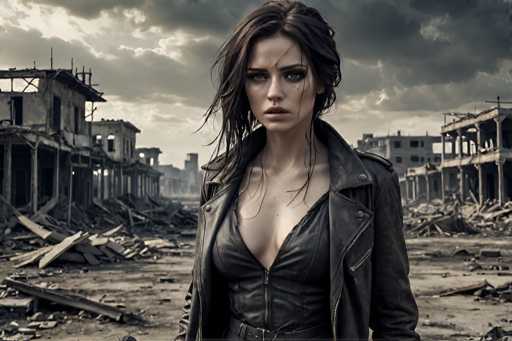 A woman stands in an abandoned cityscape, wearing a black leather jacket and boots. The buildings around her are in ruins, with debris scattered throughout the scene.