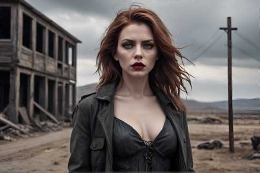 A woman with red hair and a black dress stands in front of an abandoned building on a dirt road. The sky above is overcast, casting a gloomy atmosphere over the scene.