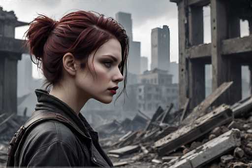 A woman with red hair is standing in front of a pile of rubble and debris, wearing a black leather jacket over a white shirt.