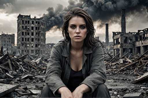 A woman sits on a pile of rubble and debris in an urban setting, wearing a black top and gray jacket with her hands clasped together in front of her.