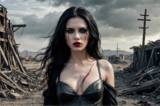 A woman with long dark hair and a black bra stands in front of a dilapidated building surrounded by rubble and debris. She is wearing a black outfit that includes a black strapless dress and a black top hat. The sky above her is filled with clouds, suggesting an overcast day or possibly an impending storm.
