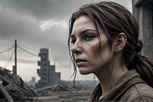 A woman with long brown hair is captured in a moment of contemplation against the backdrop of an urban landscape. The buildings around her appear dilapidated and abandoned, suggesting a sense of decay or abandonment. The image is rendered in black and white, which adds to its timeless quality.