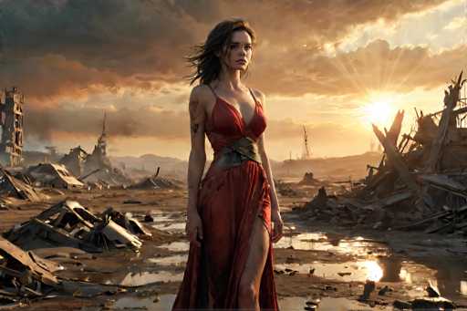 A woman stands in a desert landscape at sunset, wearing a red dress and holding a sword. The sky is filled with clouds, casting an orange glow over the scene.