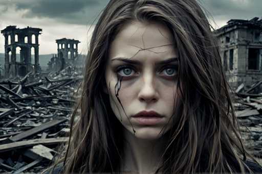 The image shows a young woman with long brown hair and dark eyes looking directly at the camera. She has tears streaming down her face, suggesting a sense of sadness or distress. The background is filled with rubble and debris from an abandoned city, indicating that this scene takes place in a war-torn area.