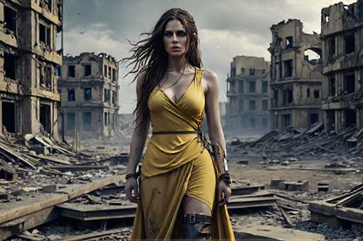 A woman stands confidently on a train track amidst ruins and rubble, wearing a vibrant yellow dress that contrasts with the surrounding desolation. The image is taken from an elevated perspective, providing a bird's eye view of the scene below.