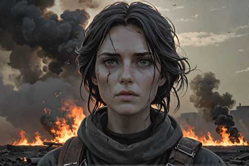 The image shows a woman with long dark hair standing in front of a burning building. She is wearing a black jacket and has a backpack on her back. The background features a sky filled with smoke from the fire, creating an intense and dramatic scene.