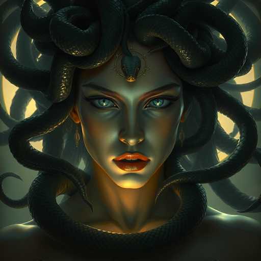 The image depicts a woman with long black hair and large snake-like eyelashes wearing a headdress adorned with a snake charm. The background is dark and blurred, creating an atmospheric effect that emphasizes the woman's presence in the center of the frame.