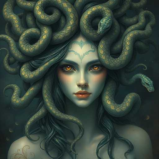 The image depicts a woman with long, dark hair and a green headdress adorned with snakes. The woman's face is prominently featured, and she has striking blue eyes that contrast with her skin tone. The background is dark and filled with numerous snakes coiled around each other in various positions, creating an intricate and detailed scene.