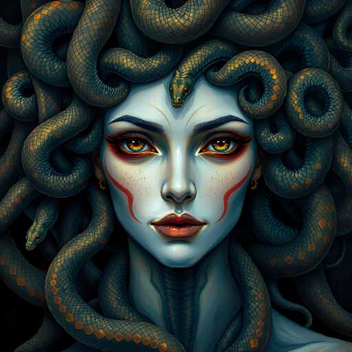 The image depicts a woman with long, dark hair and a blue face painted on her forehead. She is wearing red lipstick and has two snakes wrapped around her neck. The background is black, which contrasts with the woman's features and makes them stand out.