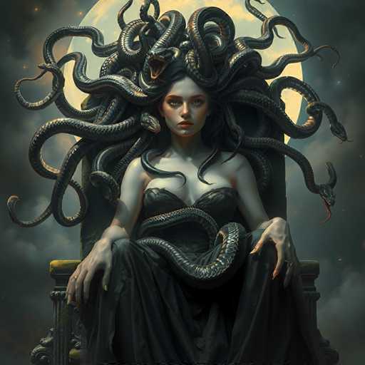 The image depicts a woman with long black hair and a snake headdress, seated on a throne-like chair. The woman is wearing a black dress and has her hands resting on the seat of the chair. The background features a dark sky filled with clouds, creating an atmosphere of mystery and intrigue.