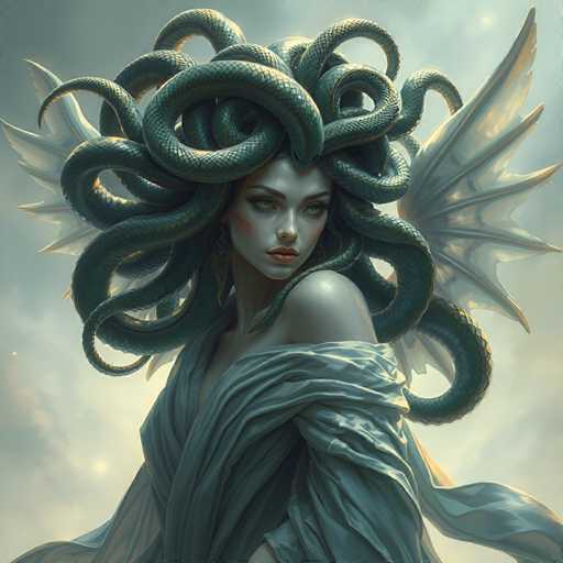 The image depicts a woman with long, green snakes wrapped around her head and neck. She is wearing a blue dress that contrasts with the snakeskin color. The background features a cloudy sky, adding to the overall atmosphere of the scene.