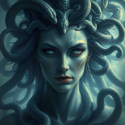 The image depicts a woman with blue eyes and long, dark hair adorned with multiple snakes wrapped around her head. The snakes appear to be coiled around the woman's head, creating an intricate and detailed appearance. The background is a deep shade of blue, which contrasts with the woman's features and adds depth to the scene.