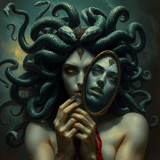 The image depicts a woman with long, dark hair and a snake headdress on her shoulders. She is holding a mirror up to her face, looking at herself. The background features a dark green color that contrasts with the woman's hair and the snake headdress.