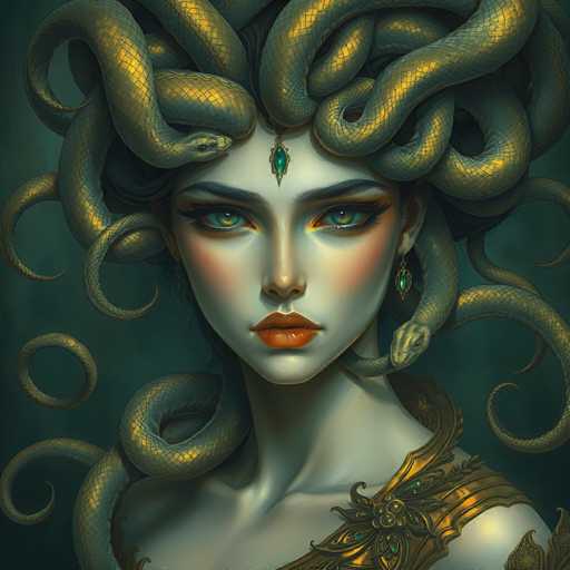 The image depicts a woman with long, flowing hair and a green gemstone on her forehead. She is wearing a gold necklace that adds an elegant touch to her appearance. The background features a dark green color, which contrasts with the woman's white face and golden hair.