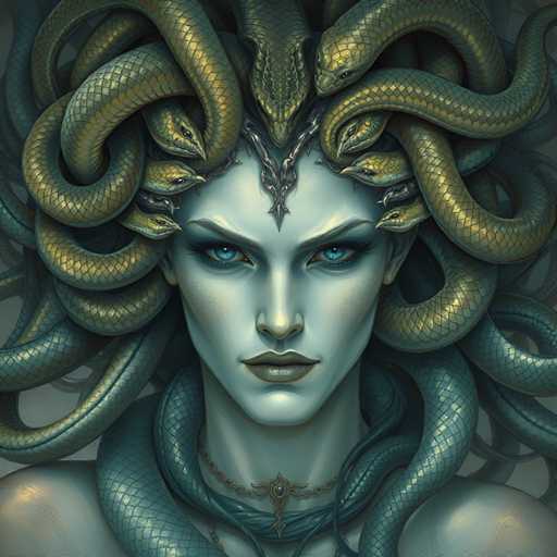 The image depicts a woman with blue eyes and long, dark hair adorned with multiple snakes wrapped around her head. The snakes have gold scales that shimmer against the light blue background of the painting. The woman is positioned in front of a white wall, which serves as a stark contrast to the vibrant colors of the snake-adorned hair and the gold-scaled snakes.

The style of the painting is realistic, with attention to detail in capturing the intricate patterns of the snakes' scales and the woman's facial features. The use of color, particularly the blue eyes and the dark hair, adds a sense of depth and dimension to the image.