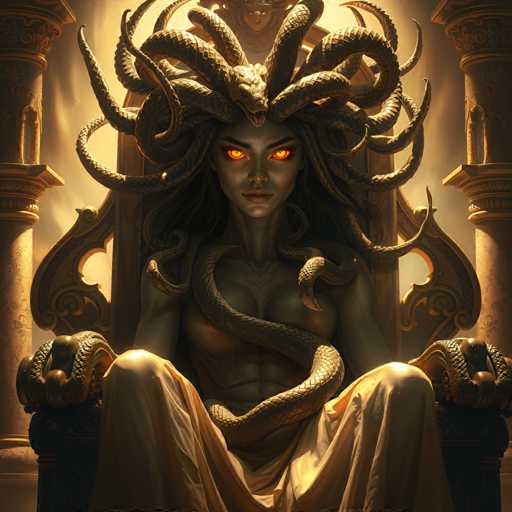 The image depicts a woman with long hair and large, red eyes seated on a throne-like chair. She is wearing a headdress adorned with snakes and has a snake wrapped around her body. The background features a golden archway, adding an element of opulence to the scene.