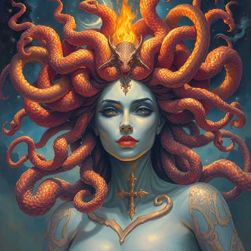 The image depicts a woman with long red hair and a large headdress made of snakes. The woman is wearing a necklace that features a cross pendant. The background is dark blue, which contrasts with the bright red hair and the snake-like design on her headdress.