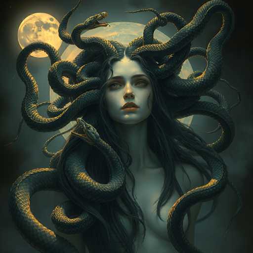 The image depicts a woman with long dark hair and a snake headdress, surrounded by numerous snakes coiled around her body. The background is dark and features a large moon and stars, creating an otherworldly atmosphere.