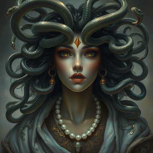 The image depicts a woman with long dark hair and large green snakes wrapped around her neck. She is wearing a white dress adorned with gold accents and has a pearl necklace and earrings on. The background is dark and blurred, creating an atmosphere of mystery and intrigue.