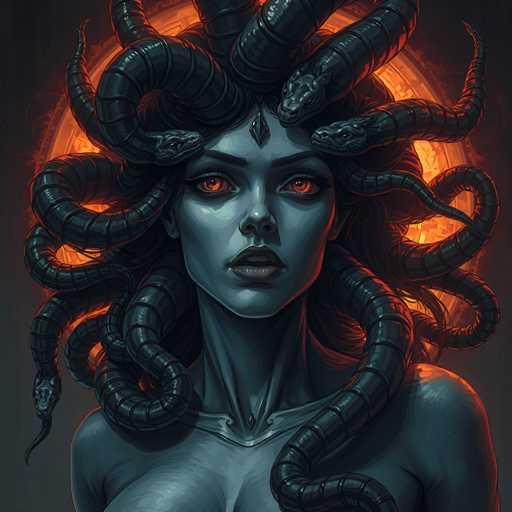 The image depicts a woman with long black hair and red eyes, wearing a dark blue dress that contrasts with the fiery orange background behind her. The woman's face is turned towards the viewer, creating an intimate connection between the artist and the audience. The style of the artwork appears to be digital art or illustration, characterized by its realistic depiction of the subject matter.