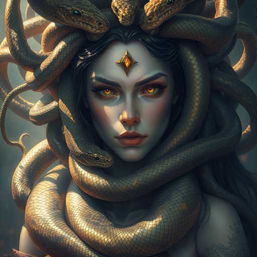 The image depicts a woman with long dark hair wearing a headdress made up of multiple snakes. The woman is positioned centrally and facing the viewer directly. The background is dark and blurred, drawing focus to the woman and her snake-adorned headdress.