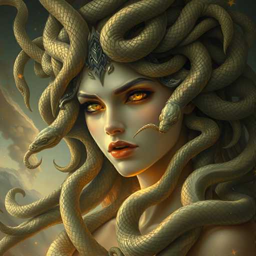 A woman with long brown hair and a snake headdress is depicted wearing a red lipstick and has her eyes closed. The background features a sky with clouds and stars.