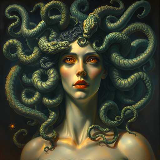 The image depicts a woman with long, flowing hair and two snakes wrapped around her head. The snakes have green bodies that contrast against the dark background of the painting. The woman's face is prominently featured in the center of the frame, and she has red lips that add a pop of color to the scene.