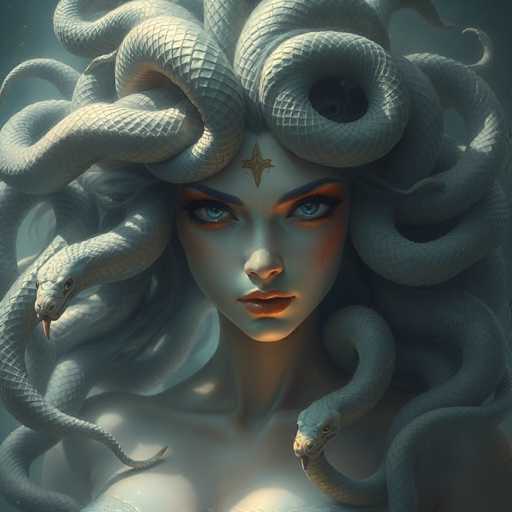 The image depicts a woman with long white hair and blue eyes wearing a snake headdress adorned with gold stars. The snakes are wrapped around her head, creating an intricate and captivating scene.