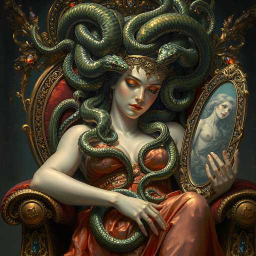 The image depicts a woman with long hair and a large headdress adorned with green snakes. She is seated on a throne-like chair, which has gold accents and a red cushion. The woman holds a mirror in her hands, and the background features a dark blue color scheme with gold accents.