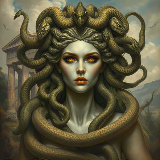 The image depicts a woman with long, flowing hair and a large headdress made of snakes. The woman is wearing a white dress that contrasts with the greenish-brown color of her hair. She has striking red eyes and a bright smile on her face. In the background, there are trees and buildings, suggesting an urban setting or a natural environment combined with human presence.