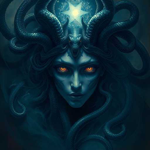 The image depicts a woman with long dark hair and red eyes, wearing a headdress adorned with two snakes. The background is dark blue, creating an atmosphere of mystery and intrigue.