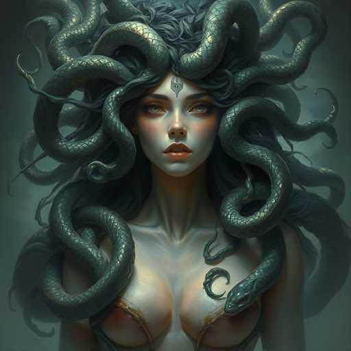 The image depicts a woman with long, dark hair and large green snakes wrapped around her head. The snakes appear to be intertwined with the woman's hair, creating an intricate and captivating scene. The background is dark and blurred, drawing focus to the woman and her unique appearance.