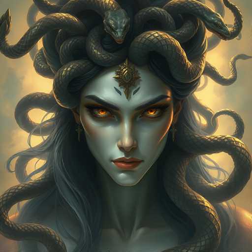 The image depicts a woman with long dark hair wearing a headdress adorned with two snakes and a star on top of her head. The background is blurred, drawing focus to the woman's face and the intricate details of her headdress.