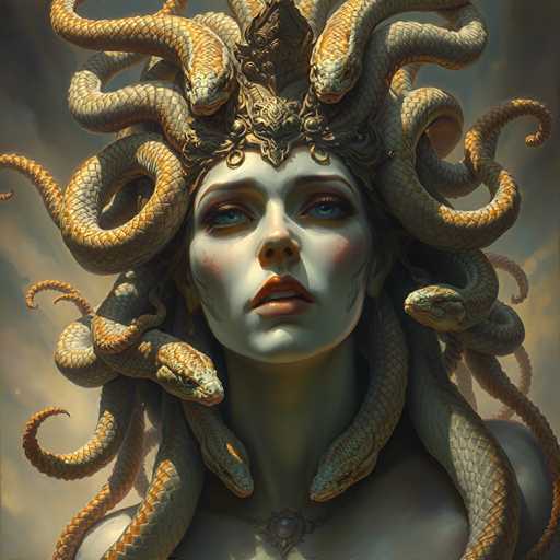 The image depicts a woman with long, flowing hair and multiple snakes wrapped around her head. The snakes appear to be intertwined with the woman's hair, creating an intricate and captivating scene. The background is dark and blurred, drawing focus to the woman and her unique appearance.