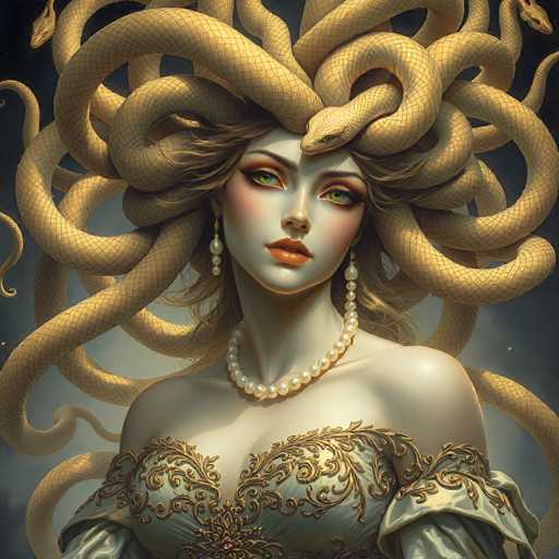 The image depicts a woman with long, golden hair and an elaborate headdress made of multiple snakes wrapped around her head. She is wearing a white dress adorned with gold embroidery and pearls. The background features a dark blue color scheme with white stars scattered throughout the scene.