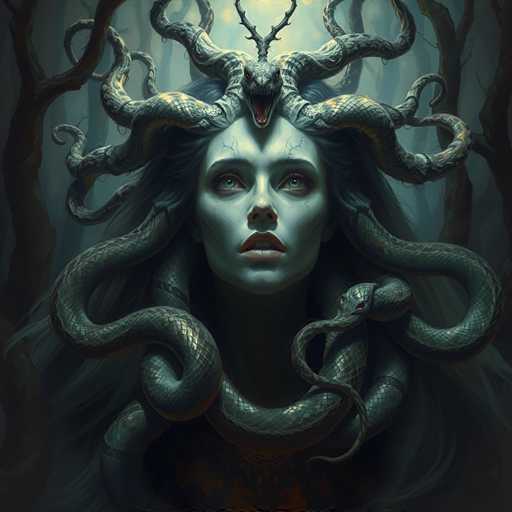 The image depicts a woman with long hair and a large headdress made up of multiple snakes. The woman is wearing a necklace that also features several snakes as part of its design. The background consists of trees, adding to the overall dark and mysterious atmosphere of the scene.