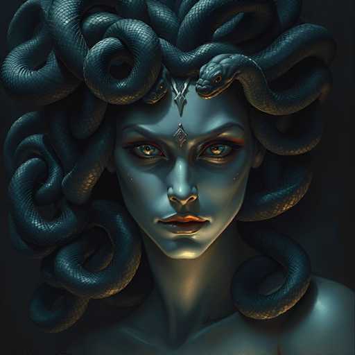 The image depicts a woman with long black hair and large snake-like eyelashes wearing a blue dress. The background is dark and features multiple snakes coiled around the woman's neck and head.