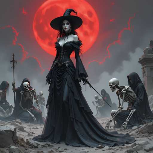 The image depicts a witch dressed in a long black dress and hat standing on a rocky cliff with her arms crossed over her chest. Behind the witch is a group of skeletons gathered around her, some holding swords. The background features a large red moon against a dark sky.