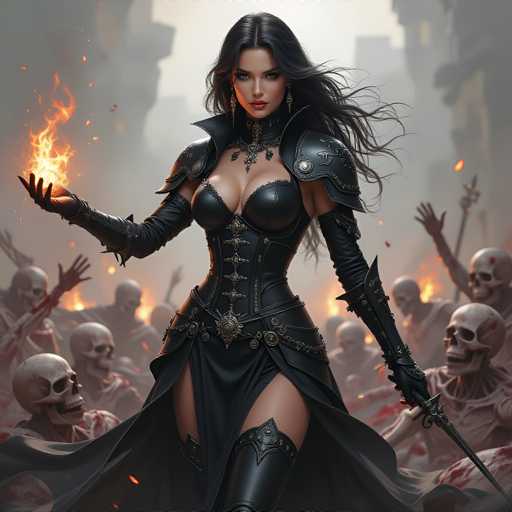 A woman dressed as a witch stands amidst a chaotic scene of burning buildings and skulls. She is wearing a black corset with gold accents and a long black skirt that billows out behind her. The woman holds a flame in one hand while wielding a sword in the other. The background is filled with smoke, flames, and skulls, creating an atmosphere of destruction and chaos.