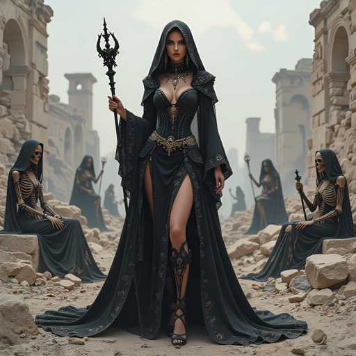 A woman dressed in a black gown with gold accents stands in front of a group of stone ruins, holding a staff and wearing a hooded cloak.